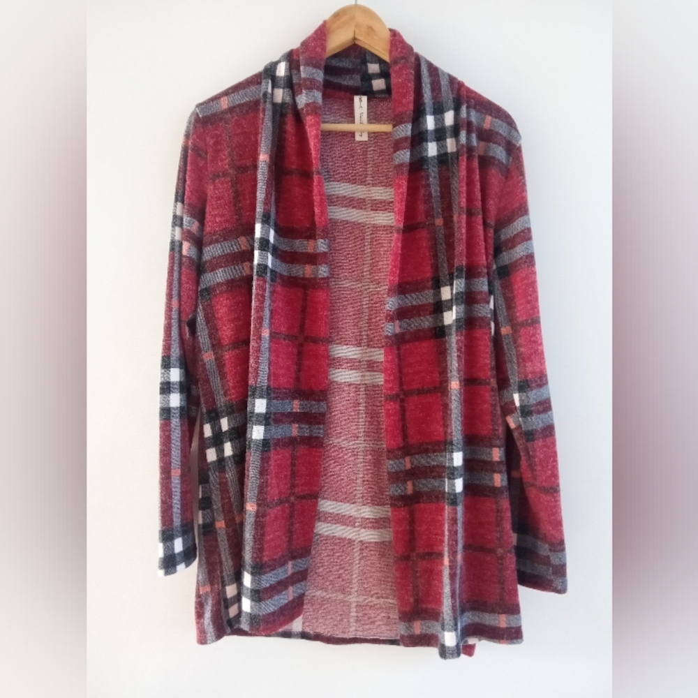 Vanilla Bay Red & Black Plaid Open Front Cardigan - Size M